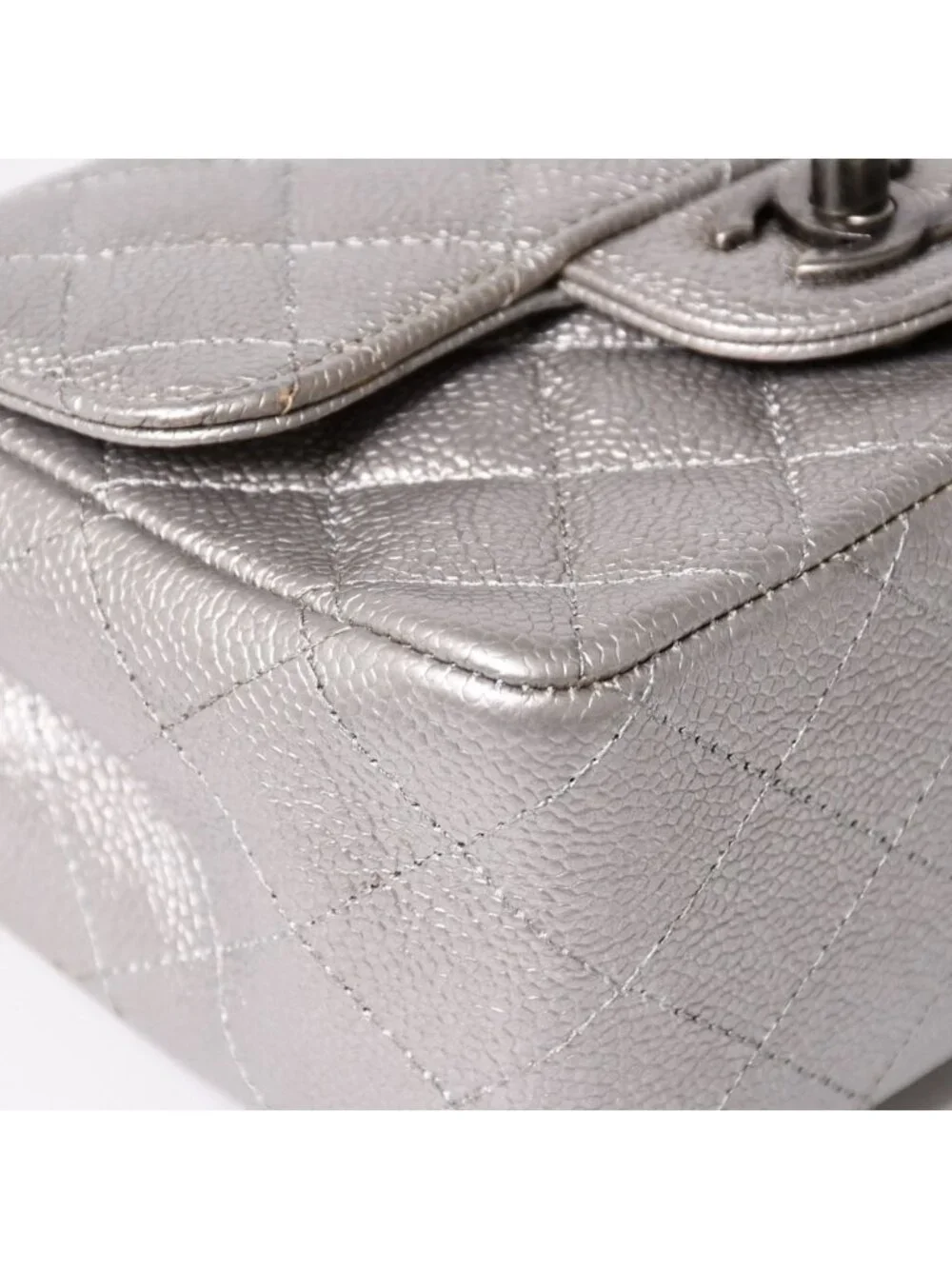 Chanel Mini Quilted 17 S Flap S Chain Shoulder Bag CC Logo Caviar Leather Silver